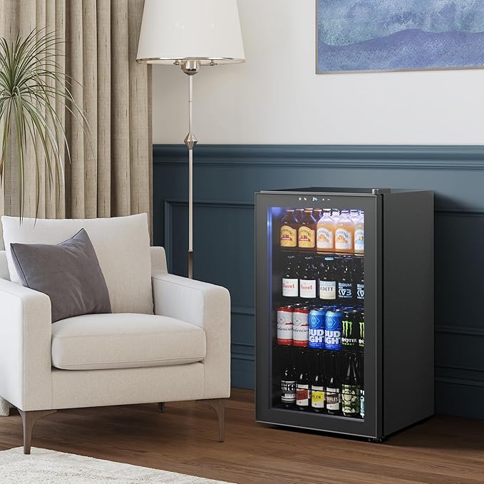 Yeego Beverage Refrigerator Cooler, 130 Cans Mini Fridge with Glass Door Beverage Fridge with Adjustable shelves for Soda Beer or Wine,Beverage Cooler with Digital Temperature Control for Home Office