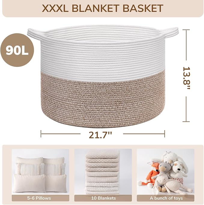 INDRESSME XXXLarge Cotton Rope Basket 21.7" x 21.7" x 13.8" Woven Baby Laundry Blanket Baskets Toy Burr Basket with Handle Storage Comforter Cushions for Christmas Thread Laundry Hamper