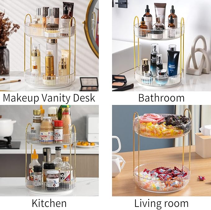 360 Rotating Makeup Organizer for Vanity, Bathroom Countertop Spinning Perfume Organizer, High-Capacity Cosmetic and Skincare Dresser Make Up Holder Rack (2 Tiers, White)