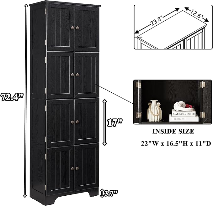 72" H Farmhouse Storage Cabinet, 4 Tier Kitchen Pantry Cabinet with 4 Shelves, 8 Doors Freestanding Floor Storage Cabinet Wooden Organizer Bookcase for Living Room & Kitchen (Black)