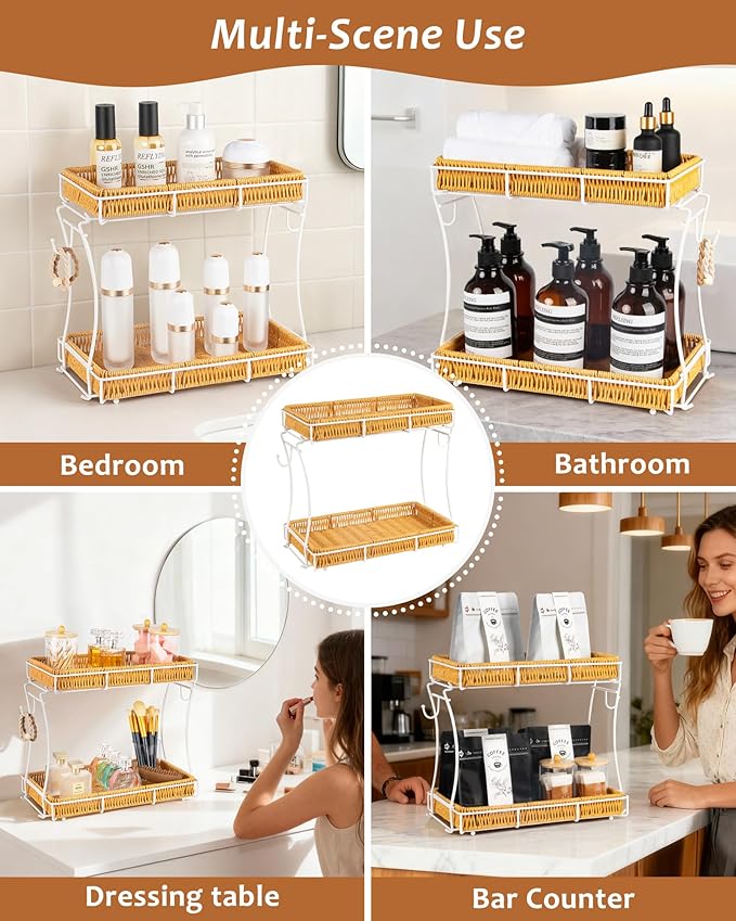Bathroom Organizer Countertop Perfume Organizer Makeup Organizer Cosmetics Storage Display Rack Vanity Tray, Handwoven Imitation Rattan Tray Perfume Holder for Dresser, Kitchen, Counter (White)
