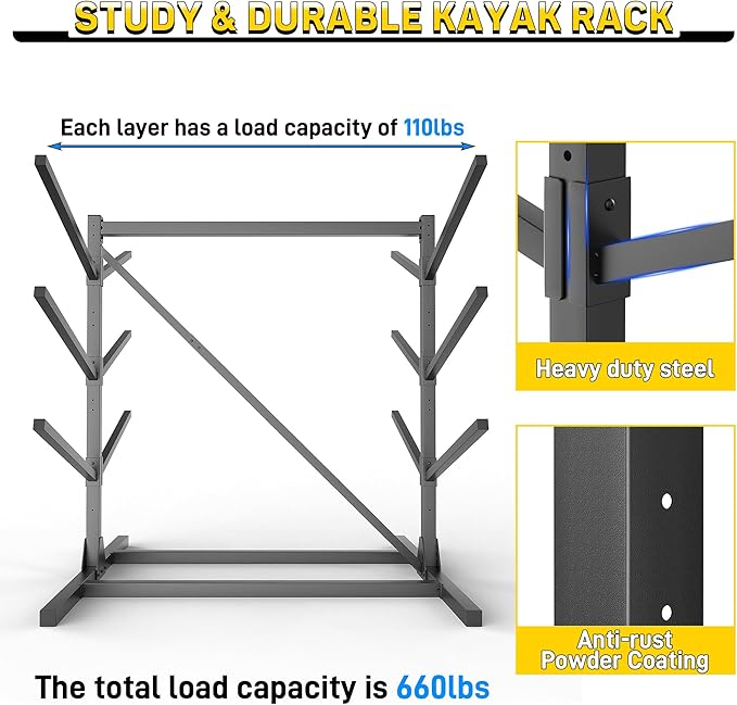 Ultrawall Kayak Storage Rack, Freestanding Kayak Racks For Garage, Adjustable Kayak Stand, Heavy Duty Paddle Board Rack For Kayak, Canoe, Surfboard, 660lbs Capacity, 3 Levels for 6 Kayaks