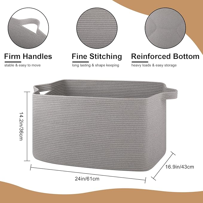 Extra Large Blanket Basket, 24" x 16.9" x 14.2" Woven Storage Basket for Living Room, Rectangle Nursery Blanket Storage for Toys, Towels, Dirty Clothes (Light Grey)