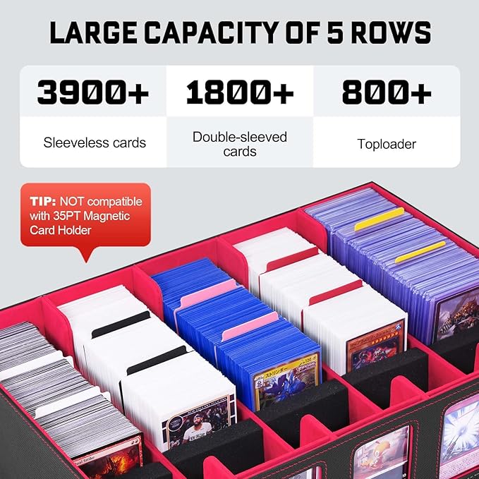 ZLCA Trading Card Storage Box 5-Row with Handle, MTG Storage Box Holds 3900+ Cards with Commander Display, Top Loaders Organizer Case for TCG PTCG Sport Card(Black&Red)