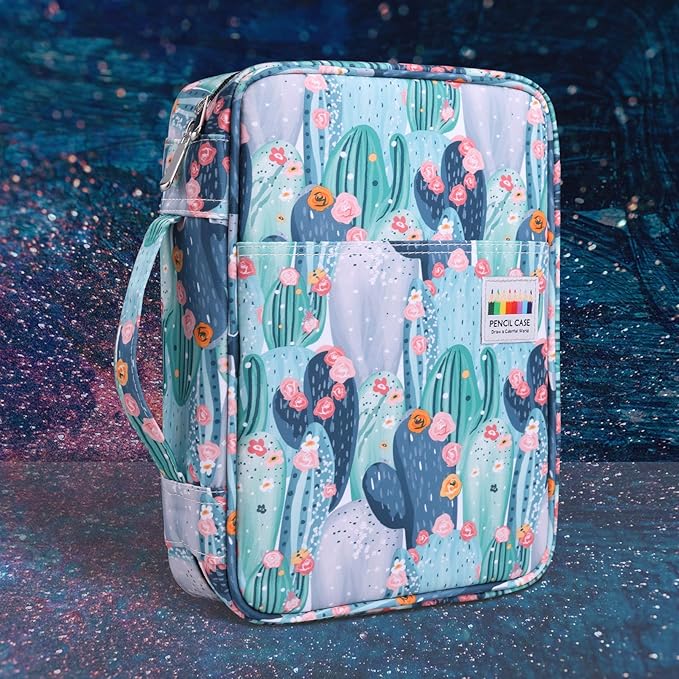 JAKAGO 220 Slots Colored Pencil Case Large Capacity Pen Holder for Artist Painter Zipper Organizer Bag for Marker Highlighter Storage Case for Office Sketch Travel Supplies (Cactus)