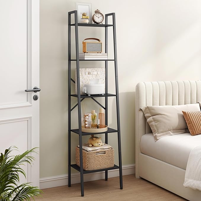 Hoctieon 5-Tier Industrial Ladder Bookshelf, Narrow Ladder Shelf, Tall Standing Bookshelf, Skinny Open Ladder Shelf, for Living Room, Home Office, Kitchen, Bedroom, Metal Frame, Black