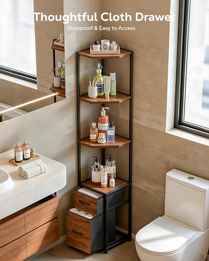 Housolution Corner Shelf Stand with Storage, 63.8'' Tall 6-Tier Corner Bookshelf Includes 2 Fabric Drawers, Freestanding Corners Storage Shelf for Living Room Bedroom Kitchen Bathroom (Black + Brown)
