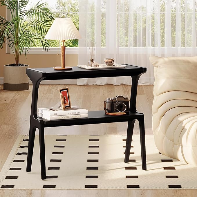 Set of 2 Solid Wood End Table, 2-Tier Side Table with Storage Shelf, Wooden Modern Accent Slim Bedside Table for Sofa, Living Room, Bedroom, Small Space, Easy Assembly, Black