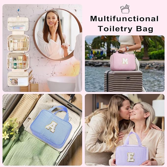 TOPEAST Teen Girl Gifts Trendy Stuff - Birthday Gifts for 7 8 9 10 11 12 13 14 15 16 17 18 Year Old Teen Girls, Hanging Toiletry Bag Initial Makeup Bag - Letter E, Blue
