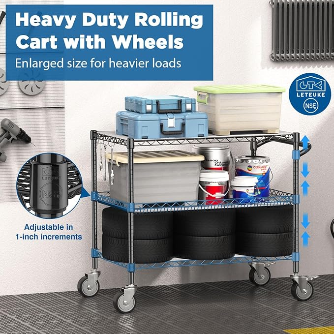 Leteuke 1120LBS Heavy Duty Rolling Utility Cart,3 Tier Rolling Carts with Wheels,NSF Commercial Grade with Handle Bar & Shelf Liners,45"x25"x39" Storage Cart for Kitchen,Restaurant,Plant Display,Black
