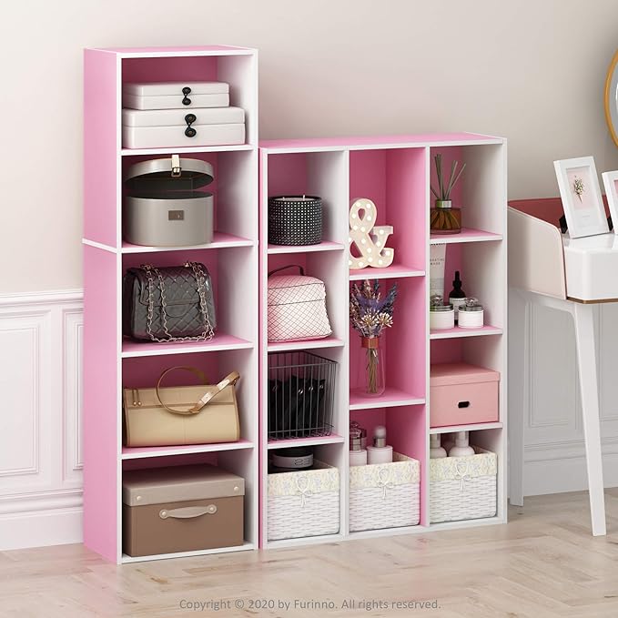 Furinno LUDER Book Shelf, 11-Cube Bookshelf, Reversible Bookcase, 9.4 x 29.1 x 41.7, for Living Room, Bedroom, Home Office, White/Pink