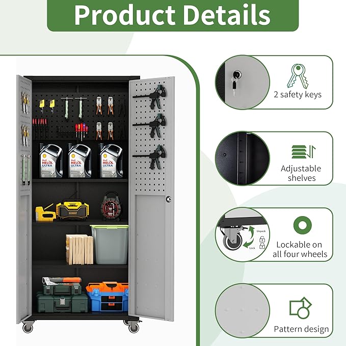 Garage Metal Storage Cabinet,71" Rolling Tool Cabinet with Pegboard and 3 Adjustable Shelves,Heavy-Duty Shelving Unit with Lockable Doors for Garage,Workshop,Home & Office Organization