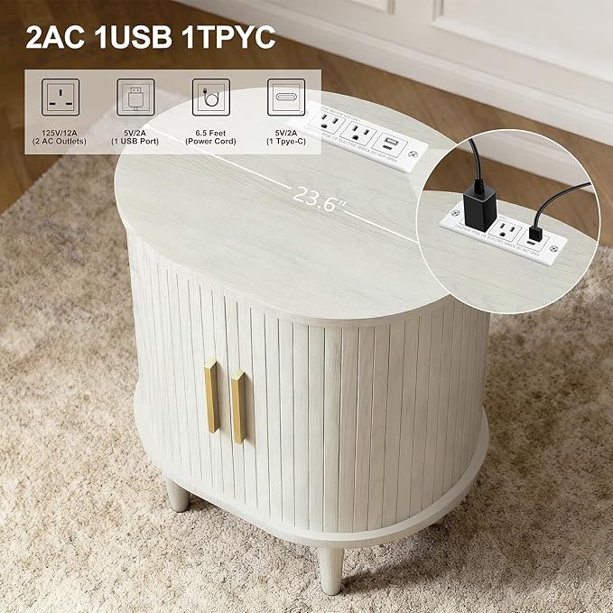 Nightstand with Charging Station, Fluted Accent Side Table with Sliding Door & Adjustable Shelf, Mid-Century Modern End Table for Small Space, Living Room, Bedroom (1, White)