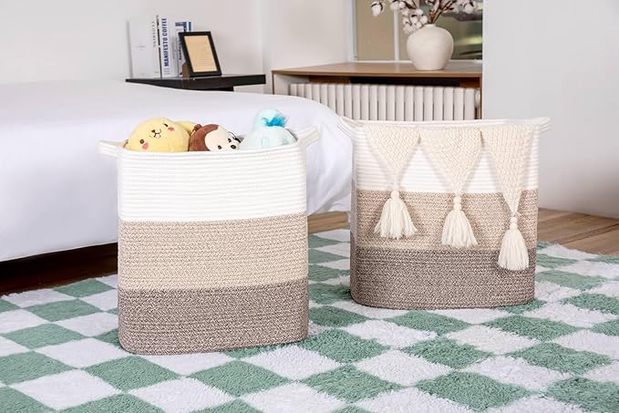 Storage Baskets for Clothes Fabric Cotton Rope Storage Basket with Handles, Decorative Woven Basket for Living Room,Closet Organizer Blankets, and 2bags (Gradient Brown, L14×W11×H14)
