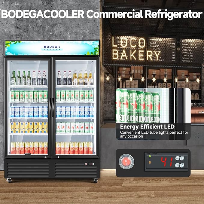 BODEGACOOLER Commercial Merchandiser Refrigerator, 2 Glass Door Commercial Beverage Refrigerator, 40 Cu. Ft Beverage Display Cooler with Soft LED Light, Adjustable Shelves and 4 Strong Castors(Black)