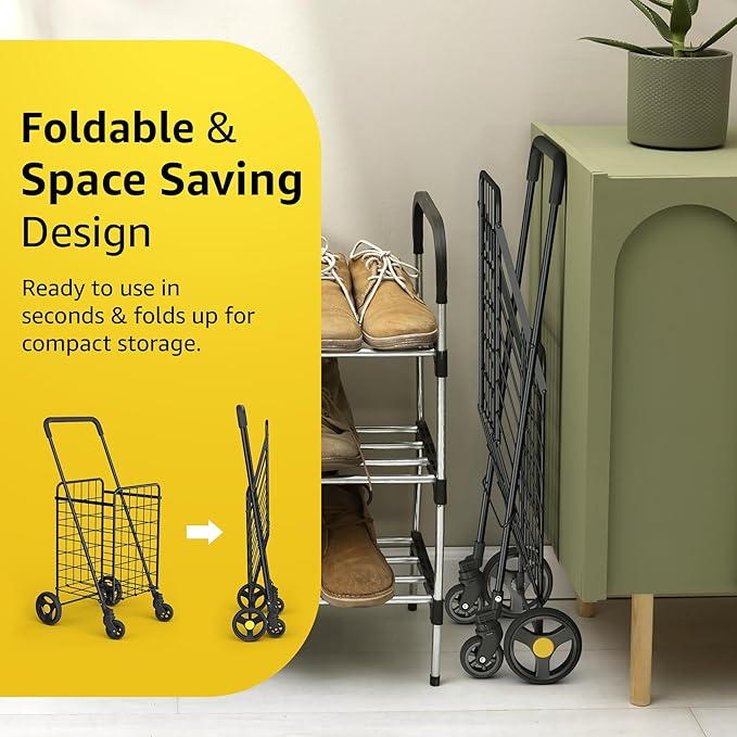 Shopping Cart w/Waterproof Basket Liner & 360° Swivel Wheels | Foldable Collapsible & Lightweight | Perfect for Groceries Laundry Utility Cart - Black