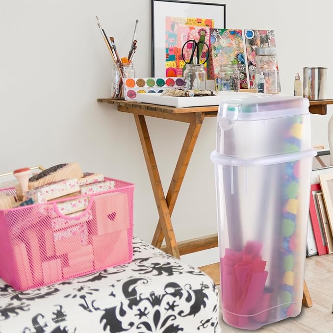Rubbermaid Wrap N' Craft Plastic Wrapping Paper Organizer Storage Container with Top Ornament Storage Compartment for 20 Standard 30 Inch Rolls, Clear