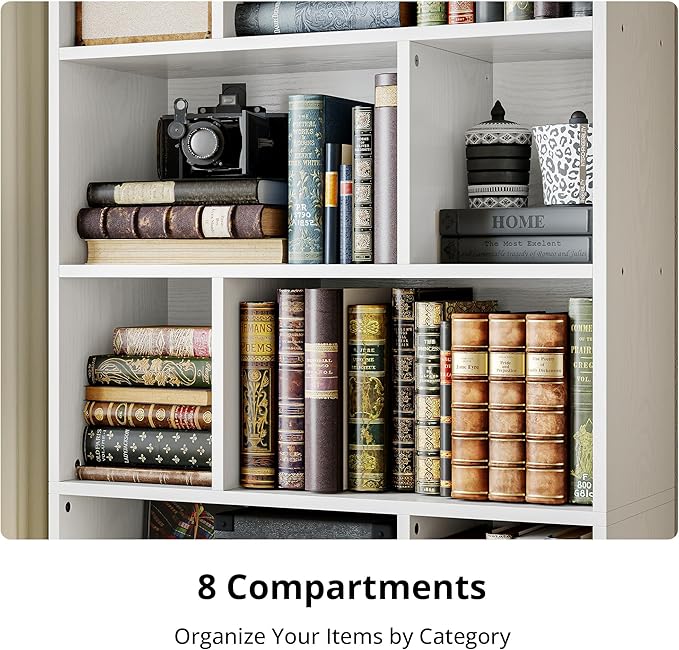 IRONCK Bookcase with Doors, Tall Bookshelf with Storage, Bookshelves and Bookcases with 8 Open Cubes for Living Room, Bedroom, Office