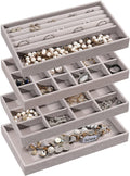 Frebeauty Jewelry Organizer Tray,Stackable Velvet Jewelry Trays,Drawer Inserts Earring Organizer For Women Jewelry Storage Display Case for Rings Stud Necklaces,Set of 4(Grey)