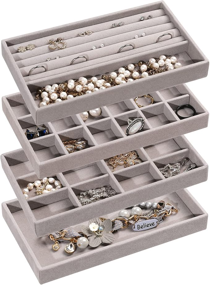 Frebeauty Jewelry Organizer Tray,Stackable Velvet Jewelry Trays,Drawer Inserts Earring Organizer For Women Jewelry Storage Display Case for Rings Stud Necklaces,Set of 4(Grey)
