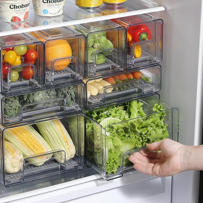 Plastic Clear Fridge Storage Organizer with Drawers & Drainer - Stackable Bins for Kitchen Fruit & Veggie Organization (2PCS, Small)
