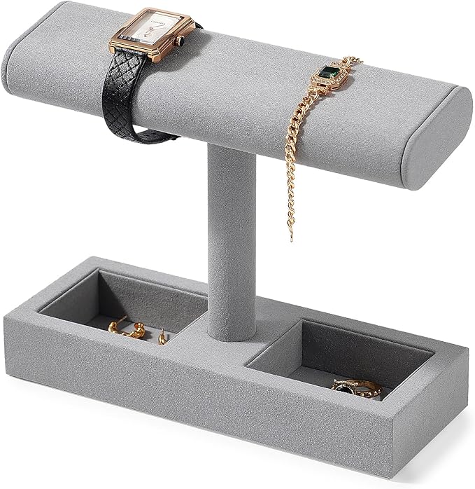 Oirlv Microfiber T-Bar Watch Display Stand Jewelry Display Props Jewelry Organizer Holder for Watch Bracelet Ring Earrings (Light Grey,Microfiber)