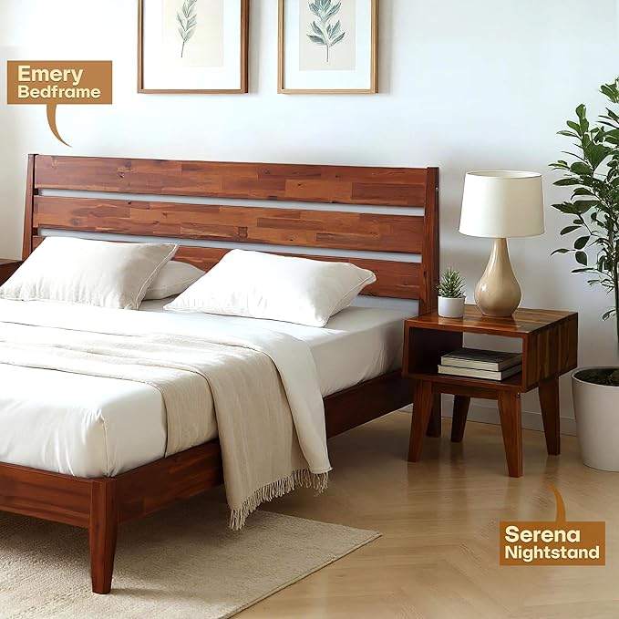 Acacia Serena Nightstand Solid Wood Nightstand with Open Storage Shelf, Wood Bedside Table, Night Stands for Bedroom - Walnut
