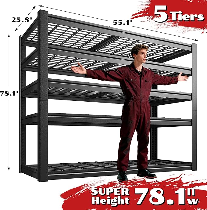 55.1" W Metal Shelving 5 Tier Garage Shelving 3050LBS Storage Shelves Adjustable Garage Shelves Industrial Metal Shelf for Basement Warehouse Shop Supermarket 55.1" W x 25.8" D x 78.1" H
