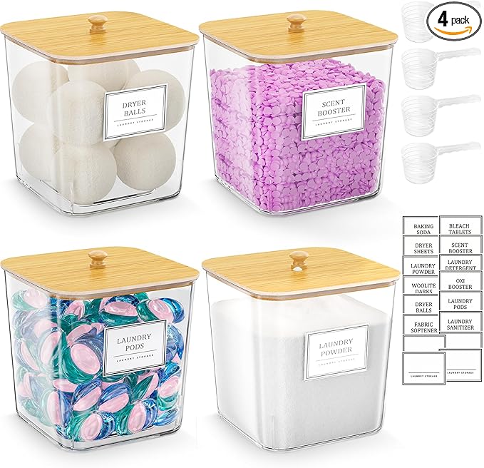 4 Pack Clear Laundry Pod Container, Laundry Room Organization Containers with Wooden Lids & Labels - Large Detergent Powder Storage for Room Organization, Scent Booster Holder