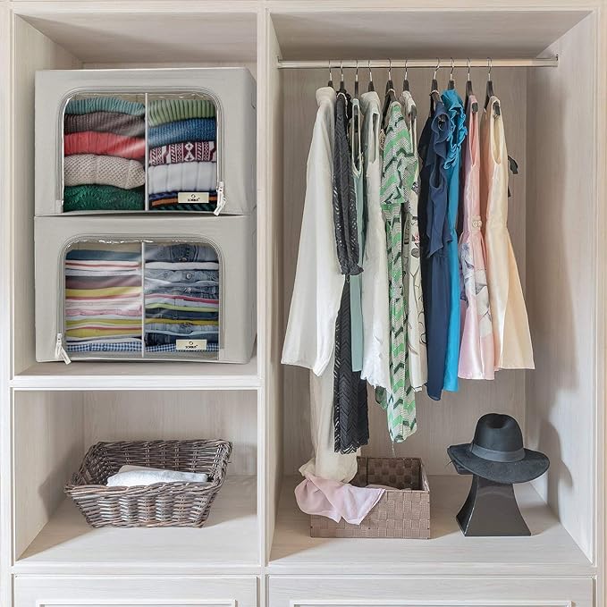 Sorbus Storage Bins with Divided Interior - Large Stackable & Foldable Organizer Containers with Metal Frame, Oxford Fabric, Large Window & Carry Handles - Organization for Bedroom, Linens & Clothes