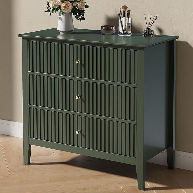 RoyalCraft Green Fluted 3 Drawer Dresser, 32 inch Wide Dresser Nightstand for Bedroom, Modern Wood Chest of Drawers, Large Painted Nightstand with 3 Drawers for Closet, Hallway, Entryway