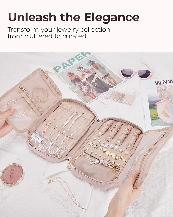 BAGSMART Jewelry Organizer Case Large Travel Jewelry Storage Bag for Necklace, Earrings, Rings, Bracelet, Soft Pink