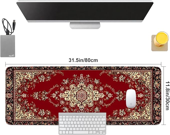 Red Vintage Persian Rug Mouse Pad – Large Extended Desk Mat 31.5 x 11.8 in– Oriental Carpet Design, Non-Slip Rubber Base, Waterproof Surface, Keyboard & Mouse Pad for Office, Gaming, Home