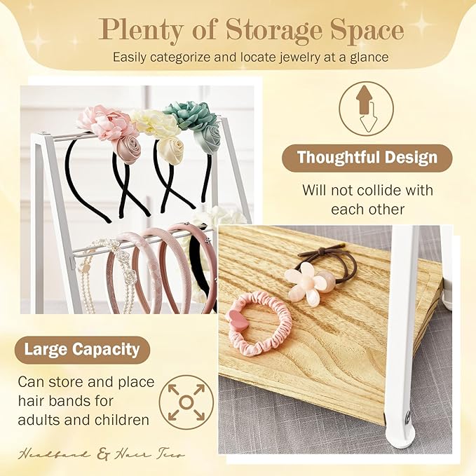 Headband Holder Organizer Metal 2-Tier Display Stand for Selling, Home Bedroom Headband Storage for Girls Women, Headband Stand Wood Base Can Store Hair Ties, White