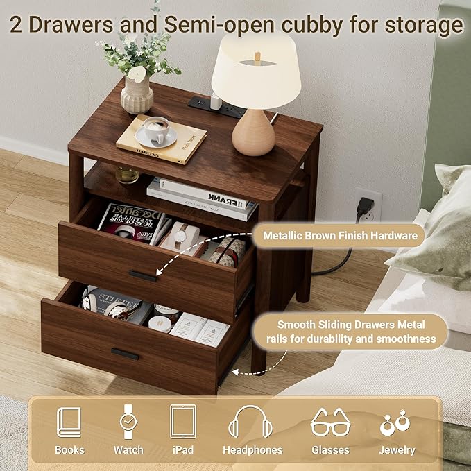 Night Stand with Charging Station, 24" Large Modern Side Table with Solid Round Post Legs, 2 Drawers Nightstand with Open Shelf, End Table/Bedside with Storage for Bedroom, Walnut