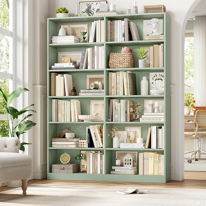 FACBOTALL Bookshelf and Bookcase, 6-Tier Double Wide Bookshelves, Freestanding Display Storage Shelves, Tall Bookcases for Home Decor Bedroom, Living Room, Home Office, Green