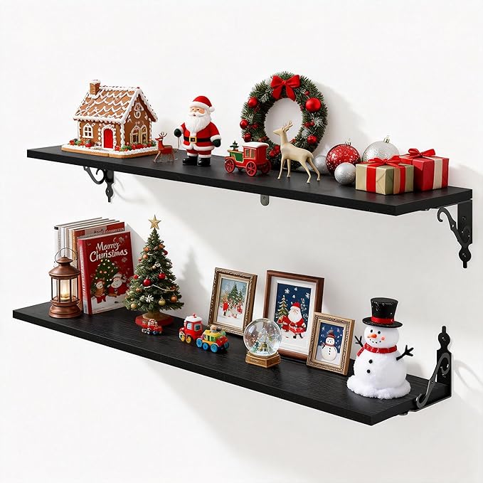Fun Memories 36 Inches Floating Shelves, Rustic Long Wall Shelves, 8 Inch Deep Book Shelf Wall Mounted with Bracket, Wide Display & Storage Shelves for Living Room, Bathroom, Bedroom, Black, Set of 2