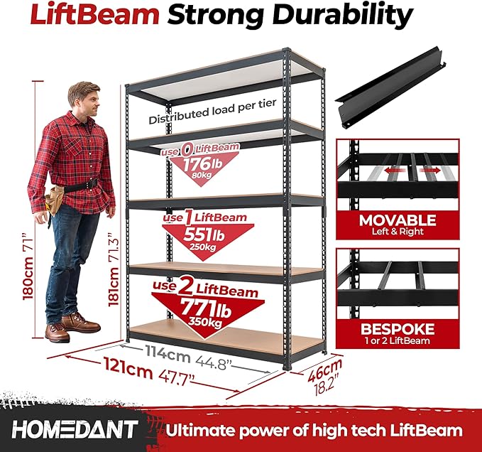 HOMEDANT 5 Tier Storage Shelves Adjustable Laminated Boltless Garage Metal Shelving Unit Heavy Duty Utility Rack Shelf Warehouse Pantry Closet Kitchen (4, (L) 48.1" W, Black)
