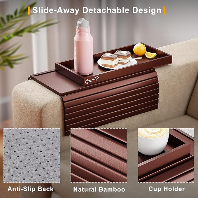 Sofa Armrest Tray Table for Couch - 2-in-1 Foldable Couch Arm Table with Be Slide Detachable Tray - Anti-Slip Sofa Armchair Caddy for Drinks Cup Cellphone TV Remote Snacks (Walnut)