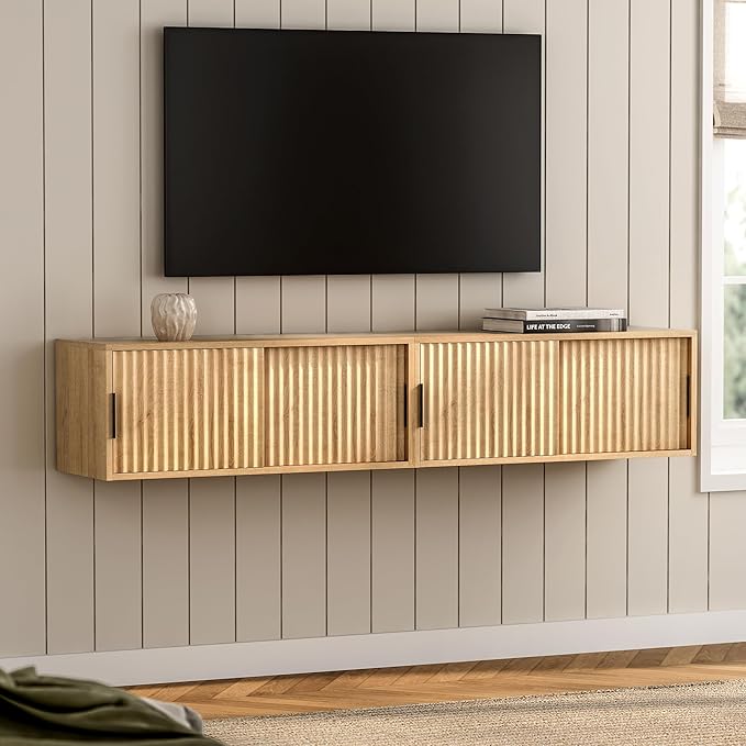 Floating TV Stands Set of 2, Modern Fluted Large Floating Nightstand Wall Mounted Bedside Cabinet with Sliding Doors for Bathroom, Living Room, Bedroom, Natural Oak