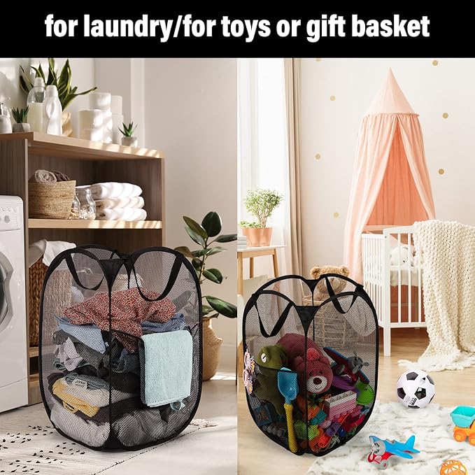 BATTOO Deluxe Strong Mesh Pop up Laundry Hamper Basket with Side Pocket for Laundry Room, Bathroom, Kids Room, College Dorm or Travel 2 Pack Black