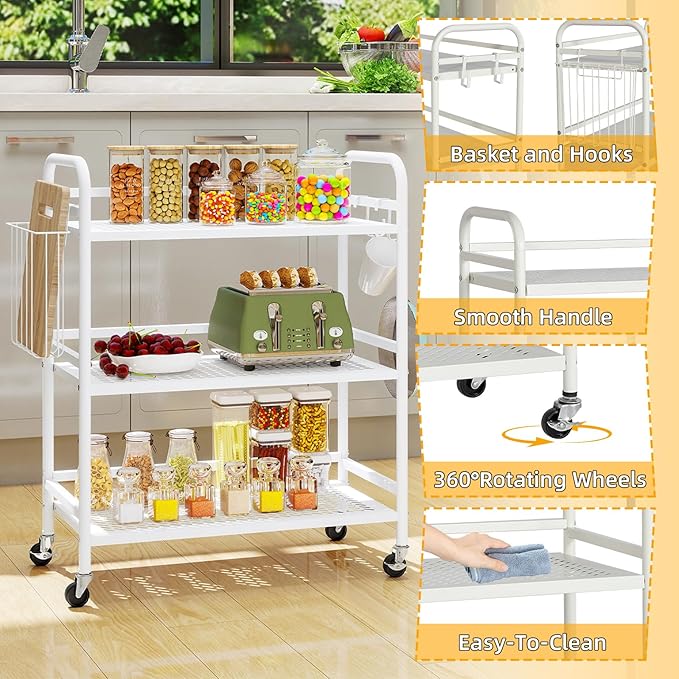 HDANI 3 Tier Metal Mesh Utility Cart,Large Capacity Multipurpose Heavy Vehicle,Rolling Trolley with to Hooks and One Basket(White)