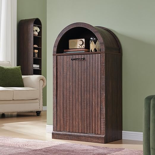 Arched Tilt-Out Trash Can Cabinet, Fluted 10 Gallon Trash Can Cabinet Set of 2, Modern Laundry Hamper, Hidden Garbage with Storage Basket for Kitchen, Living Room, Brown