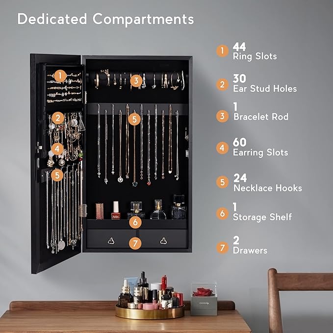 LAVIEVERT Jewelry Armoire with LED Lighted Mirror, Wall/Door Mounted Frameless Mirror with 3 Color Lights, Lockable Jewelry Cabinet Hanging Jewelry Organizer with 2 Drawers - Black