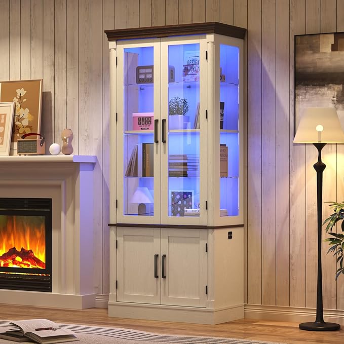 St.Mandyu 71" Tall Display Cabinet with Glass Doors, 4-Tier Lighted Curio Cabinets with 2 Storage Doors and Metal Handle for Living Room, Home, Kitchen, White