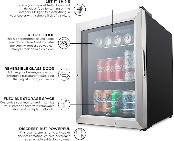 Ivation 62 Can Beverage Refrigerator, Freestanding Ultra Cool Mini Fridge, Beer, Cocktails, Soda, Juice Cooler for Home & Office, Reversible Glass Door & Adjustable Shelving - Stainless Steel