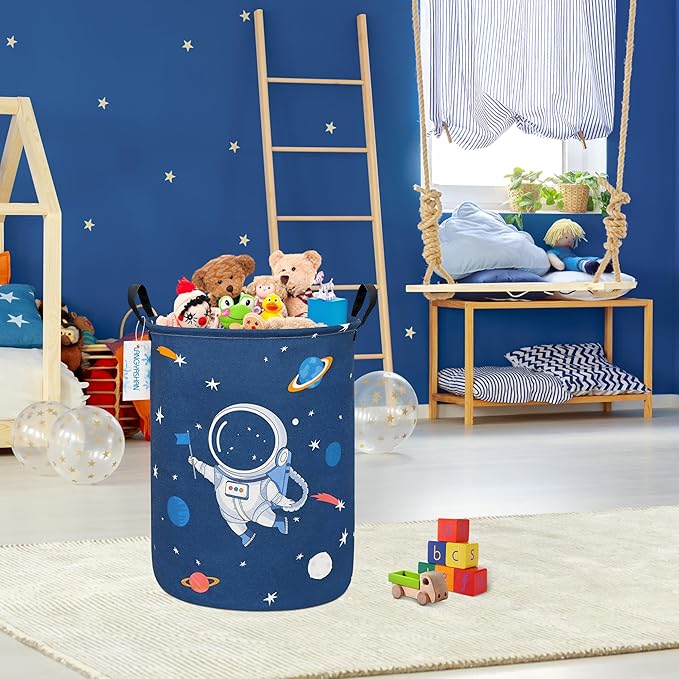 LANGYASHAN Laundry Basket Canvas Fabric Collapsible Organizer Basket for Storage Bin Toy Bins Gift Baskets Bedroom Clothes Children Nursery Hamper (Blue Space Astronaut)