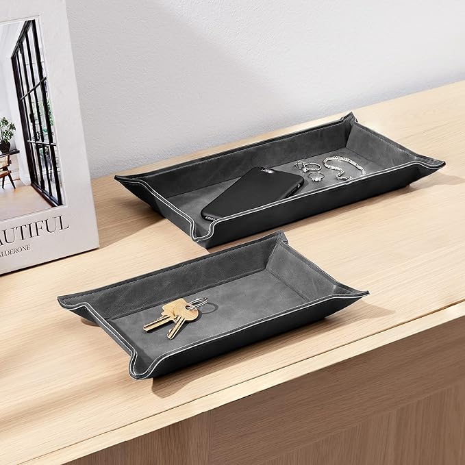 Navaris Faux Leather Valet Tray Set of 2 - Catch All Tray for Key Entryway Table Nightstand - Catchall for Keys Watch Remote Phone - Valet Storage for Men - Mens Storage Dish