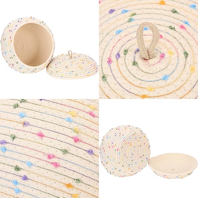 Sea Team Round Cotton Rope Storage Basket with Lid, Decorative Woven Storage Bin, Pot, Caddy, Organizer, Container for Snacks, Towels, Plants (Rainbow, Small/2-Pack)