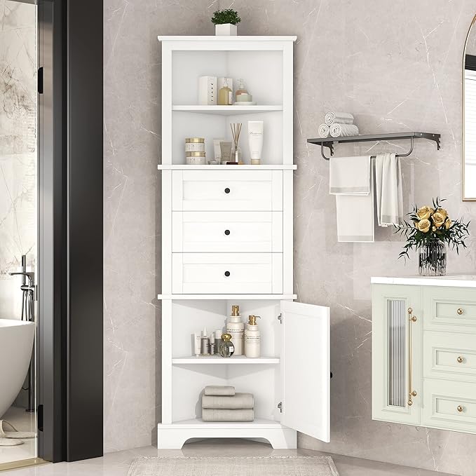 68.9" Tall Triangle Corner Cabinet with 3 Drawers & Adjustable Shelf, Freestanding Storage Cabinet,Water-Resistant, Anti-Tip Design,Space-Saving Organizer for Bathroom, Kitchen, Living Room, White